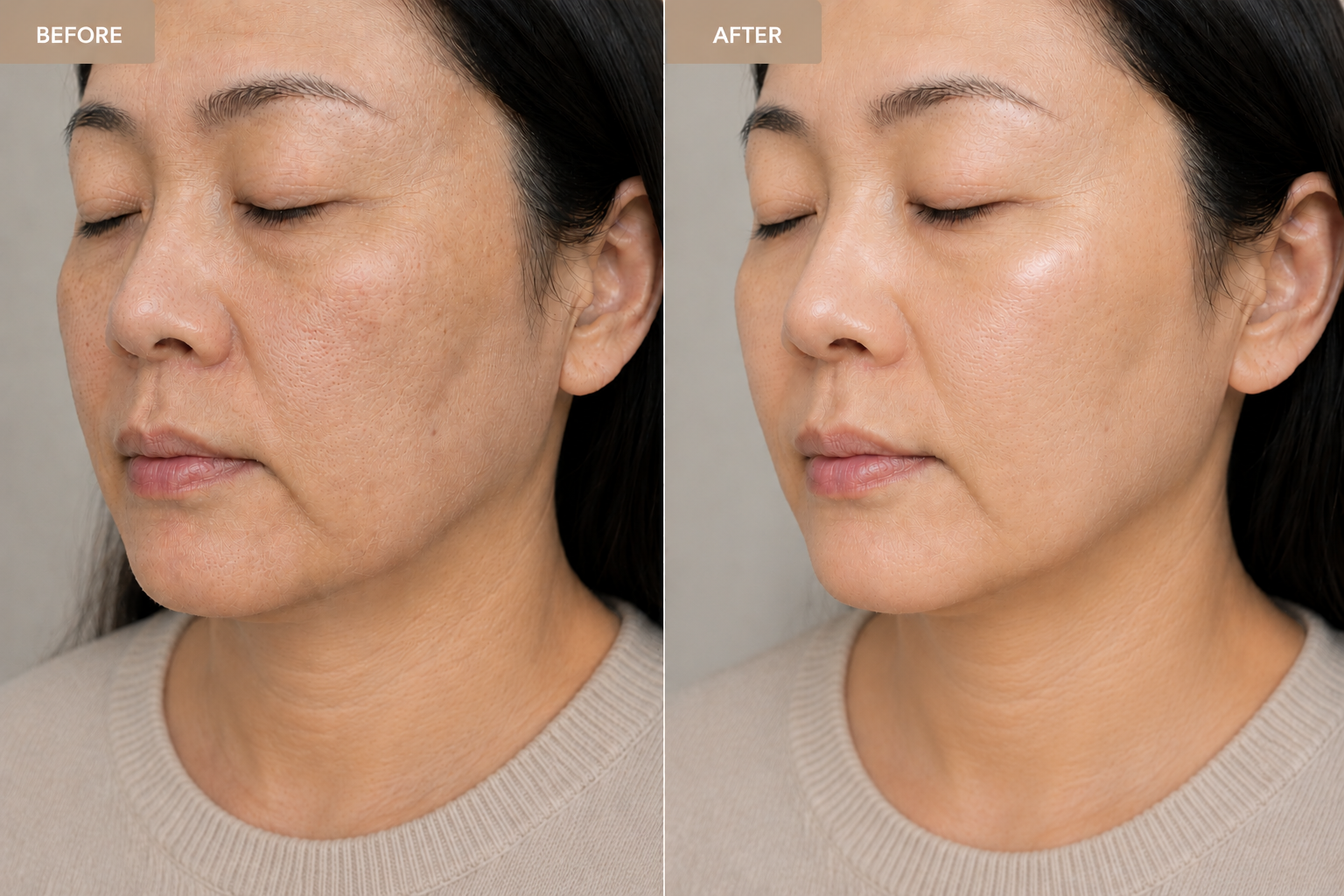 Before and after hydrating facial at Casablanca Aesthetic KL — improved skin texture, hydration and glow