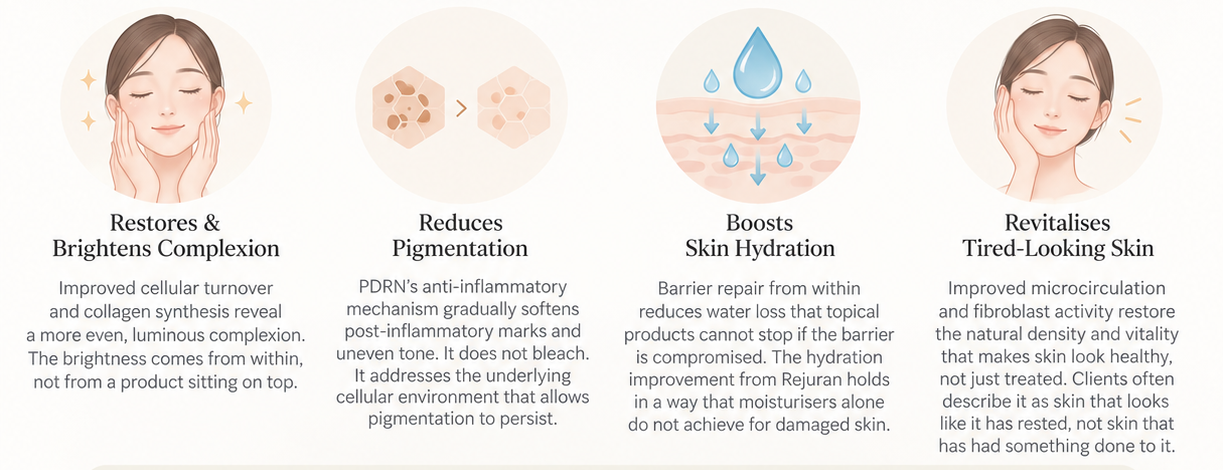 Benefits of Rejuran facial: restores complexion, reduces pigmentation, boosts hydration and revitalises tired skin